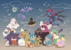  banette bat_(animal) bewear blacephalon black_sclera black_wings blue_fire blue_fur breloom candle claws colored_sclera commentary disguise ditto dragon fangs fire floating foongus gengar ghost highres holding holding_pokemon hydra hydreigon litwick mimikyu multiple_heads munchlax mushroom no_humans open_mouth pikachu pokemon pokemon_(creature) pokemon_focus pumpkaboo pumpkin red_eyes shuckle solid_circle_eyes solid_oval_eyes star_(symbol) tail teeth tongue tongue_out transformed_ditto unown unown_f untranslatable_commentary whismur wings woobat yellow_eyes zozozoshion 
