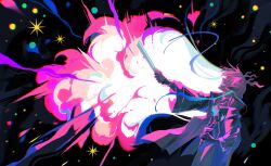  1boy absurdres arknights black_background chinese_commentary colored_extremities colorful commentary_request dragon_boy dragon_horns eastern_dragon_horns explosion explosion_background floating_hair from_side highres holding holding_weapon horns long_hair long_sleeves male_focus multicolored_hair open_mouth outstretched_arm pointy_ears profile shiyiershi_ye_yu smile solo standing star_(symbol) weapon yi_(arknights) 