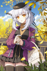  1girl arknights armband bag beret black_armband black_dress black_hat black_ribbon black_thighhighs blue_sky commentary_request cowboy_shot cup disposable_coffee_cup disposable_cup dress hair_ornament hair_ribbon hairclip hat holding holding_cup infection_monitor_(arknights) jacket jewelry long_hair long_sleeves looking_at_viewer necklace official_alternate_costume orange_eyes orange_sweater outdoors owl_ears owl_girl parted_lips ptilopsis_(arknights) ptilopsis_(serenity)_(arknights) purple_jacket rhine_lab_logo ribbed_sweater ribbon shironekoban sky solo sweater thigh-highs turtleneck turtleneck_sweater white_bag white_hair 