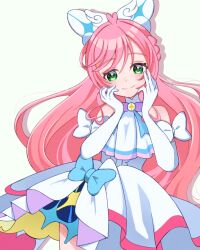  1girl ascot blue_bow bow braid brooch closed_mouth commentary cowboy_shot crown_braid cure_prism dress dress_bow elbow_gloves glove_bow gloves green_eyes hair_bow hands_on_own_face highres hirogaru_sky!_precure jewelry layered_dress long_hair looking_at_viewer magical_girl medium_dress nijigaoka_mashiro pink_hair precure side_braids simple_background sleeveless sleeveless_dress smile solo standing tktrkpensu very_long_hair white_ascot white_background white_bow white_dress white_gloves wing_brooch 