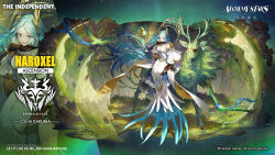  1girl alchemy_stars aqua_eyes bird black_gloves black_shirt blindfold blue_feathers capelet character_name copyright_logo copyright_notice deer dress earrings energy_barrier feather_hair feathers floating floating_object gloves green_hair headpiece highres jewelry logo long_dress long_hair mermaid_dress naroxel_(alchemy_stars) official_art riding riding_animal shawl shirt sidesaddle skirt sleeveless two-sided_fabric very_long_hair white_capelet white_shirt white_skirt 