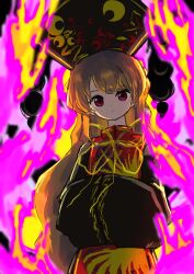  1girl absurdres black_dress blonde_hair closed_mouth commentary dalachi_(headdress) dress energy expressionless hands_in_opposite_sleeves highres junko_(touhou) long_hair long_sleeves looking_at_viewer neck_ribbon neruzou one-hour_drawing_challenge red_eyes red_tabard ribbon solo tabard touhou upper_body wide_sleeves yellow_ribbon 
