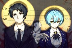  1boy 1girl angela_(project_moon) artist_name ascot averting_eyes black_ascot black_coat black_eyes black_feathers black_hair black_jacket black_necktie black_suit black_vest blood blue_coat blue_hair blue_jacket chromatic_aberration closed_mouth coat collared_shirt cuffs feathers frilled_sleeves frills gloves hand_up handcuffs height_chart height_mark highres jacket lapels library_of_ruina long_sleeves looking_to_the_side mugshot necktie notched_lapels parted_bangs project_moon roland_(project_moon) shared_handcuffs shirt short_hair smile spotlight suit upper_body v-shaped_eyebrows vest white_ascot white_gloves white_shirt wing_collar yellow_eyes zxhaneki 