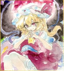  1girl ascot blonde_hair closed_mouth collared_shirt commentary_request crystal crystal_wings fang fang_out flandre_scarlet frilled_shirt_collar frills full_moon hat hat_ribbon highres looking_at_viewer misawa_hiroshi mob_cap moon multicolored_wings one_side_up own_hands_together puffy_short_sleeves puffy_sleeves red_eyes red_moon red_skirt red_vest ribbon shikishi shirt short_sleeves skirt skirt_set smile solo steepled_fingers touhou traditional_media vest white_hat white_shirt wings yellow_ascot 