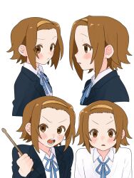  1girl blue_ribbon brown_eyes brown_hair collared_shirt commentary drumsticks grey_jacket hairband highres holding holding_drumsticks jacket k-on! komori_kamome looking_at_viewer multiple_views neck_ribbon open_clothes open_jacket parted_lips ribbon shirt tainaka_ritsu white_shirt 