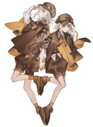  1boy 1girl :d androgynous ankle_boots back-to-back belt belt_buckle blush boots bow brother_and_sister brown_belt brown_boots brown_bow brown_capelet brown_hat brown_shorts buckle call_of_cthulhu capelet closed_mouth commentary_request detective expressionless fold-over_boots frilled_shorts frills full_body gemini_(symbol) gemini_(zodiac) glint grey_eyes hair_between_eyes hand_on_headwear hat hat_ornament heterochromia highres holding_hands juu_ni_seiza_kan_satsujin_jiken leaf_trpg leg_up long_sleeves looking_at_viewer matching_outfits medium_hair multiple_girls neckerchief newsboy_cap plaid_bow plaid_capelet plaid_clothes plaid_neckerchief plantar_flexion profile puffy_shorts shirt shorts siblings sidelocks sideways_glance simple_background smile socks symmetrical_hand_pose symmetrical_pose twins two-sided_capelet two-sided_fabric untucked_shirt white_background white_shirt yellow_capelet yellow_eyes yellow_neckerchief yellow_socks zodiac 