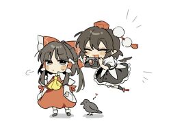  2girls ascot bird bird_wings black_bird black_skirt black_wings blush bow brown_eyes brown_hair camera chibi chibi_only closed_eyes closed_mouth collared_shirt commentary_request crow detached_sleeves frilled_bow frilled_hair_tubes frills full_body hair_bow hair_tubes hakurei_reimu hat holding holding_camera long_hair multiple_girls pointy_ears pom_pom_(clothes) puff_of_air puffy_short_sleeves puffy_sleeves red_bow red_hat red_skirt sakic43899 shameimaru_aya shirt short_sleeves skirt skirt_set sweatdrop tokin_hat touhou white_shirt wings yellow_ascot 