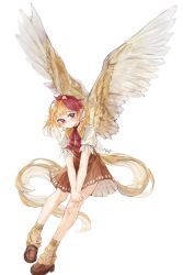  1girl absurdres animal_on_head baby_animal bird bird_on_head bird_tail bird_wings blonde_hair blush brown_shoes chick commentary_request dress feathered_wings full_body highres leg_warmers loafers looking_at_viewer multicolored_hair niwatari_kutaka on_head orange_dress orange_leg_warmers punya_j red_eyes red_hair shoes shrug_(clothing) simple_background solo tail touhou two-tone_hair white_background white_shrug wings yellow_wings 