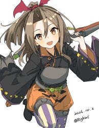  1girl absurdres adapted_weapon asymmetrical_legwear bat_wings bigkwl black_kimono bow_(weapon) brown_eyes brown_hair commentary_request dated dated_commentary gloves hair_between_eyes hair_ornament halloween_costume high_ponytail highres jack-o'-lantern_print japanese_clothes kantai_collection kimono long_hair long_sleeves looking_at_viewer mismatched_legwear muneate orange_pants orange_shorts pants partially_fingerless_gloves ponytail pumpkin_shorts shorts solo star_(symbol) star_print twitter_username weapon wing_hair_ornament wings yugake zuihou_(halloween)_(kancolle) zuihou_(kancolle) 