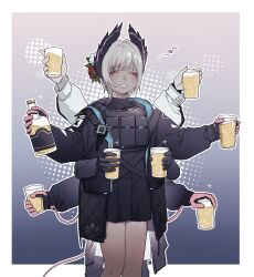  1girl alcohol arknights arms_up bird_girl black_gloves border bottle character_request chinese_commentary closed_eyes commentary_request cup dark-skinned_female dark_skin extra_arms facing_viewer feet_out_of_frame flower gloves gradient_background grey_hair hair_flower hair_ornament hands_up head_wings highres holding holding_bottle holding_cup ju_mao_jitui_zi long_sleeves musical_note outside_border photo-referenced pink_gloves raidian_(arknights) short_hair smile standing whiskey white_border wings 