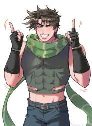  1boy abs battle_tendency belt black_belt black_gloves brown_hair commentary_request denim eyelashes fingerless_gloves gloves green_eyes green_scarf green_shirt highres jeans jojo_no_kimyou_na_bouken joseph_joestar joseph_joestar_(young) kawara_10 looking_at_viewer male_focus midriff muscular muscular_male navel one_eye_closed pants scarf shirt short_hair simple_background smile solo standing teeth white_background 