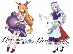  2girls absurdres apron ball_and_chain_restraint black_shoes blue_dress blue_eyes blue_hat bow braid brown_horns chinese_commentary closed_mouth commentary_request commission constellation_print cross cross_print dress embellished_costume full_body gourd grey_hair hair_bow hat high_heels highres holding holding_gourd holding_spoon horn_ornament horn_ribbon horns ibuki_suika long_hair looking_at_viewer multiple_girls nurse_cap oni open_mouth orange_eyes orange_hair peng_lai_shan_mi_ku print_dress print_hat puffy_short_sleeves puffy_sleeves purple_skirt red_bow red_cross red_dress ribbon ribbon-trimmed_skirt ribbon_trim shirt shoes short_sleeves simple_background single_braid skirt smile socks spoon touhou two-tone_dress very_long_hair waist_apron white_apron white_background white_shirt white_socks yagokoro_eirin 