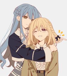  2girls absurdres bang_dream! bang_dream!_it's_mygo!!!!! black_bow blonde_hair blue_hair blush bow brown_jacket closed_mouth commentary_request hair_between_eyes hair_bow highres jacket long_hair long_sleeves medium_hair meeeeei misumi_uika multiple_girls one_eye_closed sidelocks simple_background smile togawa_sakiko violet_eyes white_background yellow_eyes yuri 