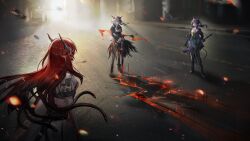  3girls arknights artist_request ascot ashes black_jacket black_pants blue_hair ch'en_(act_ii)_(arknights) ch'en_(arknights) dragon_girl dragon_horns facing_away full_body game_asset grey_hair hair_intakes highres horns jacket long_hair long_sleeves multiple_girls necktie nine_(arknights) official_art pants planted planted_sword pointy_ears red_hair short_hair short_sleeves sidelighting snake_hair standing sword tail talulah_(arknights) third-party_source weapon wide_shot yellow_necktie 