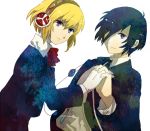 android arisato_minato blonde_hair blue_eyes blue_hair bow couple digital_media_player hair_over_one_eye hand_holding headphones holding_hands persona persona_3 ribbon school_uniform short_hair smile 