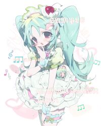  1girl apron blush_stickers character_charm character_hair_ornament charm_(object) cherry commission cowboy_shot food frilled_thigh_strap fruit hair_ornament hand_on_own_thigh highres long_hair maid_headdress mihuashi_commission musical_note my_sweet_piano neck_ribbon open_mouth original pink_ribbon pink_skirt puffy_short_sleeves puffy_sleeves red_eyes ribbon sample_watermark sanrio short_sleeves single_blush_sticker single_thighhigh skirt slwii2 smile solo tareme thigh-highs thigh_strap twintails watermark white_apron wrist_cuffs 