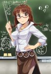  :&gt; ahoge akizuki_ritsuko baton bow braid breasts brown_hair chalkboard dan_(orange_train) glasses hair_bow idolmaster nonowa pantyhose solo teacher twintails 