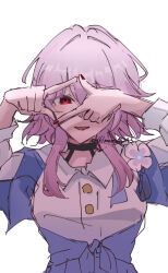  collared_shirt cosplay evernight_(honkai:_star_rail) gradient_clothes gradient_jacket honkai:_star_rail honkai_(series) jacket klklmomo2245 long_hair long_sleeves march_7th_(honkai:_star_rail) official_alternate_eye_color one_eye_covered open_mouth pink_hair shirt tied_jacket white_background white_shirt 