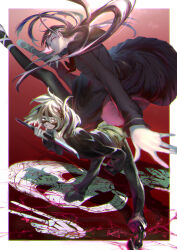  1boy 1girl absurdres amputee ballet_slippers black_hair black_hoodie black_pants blonde_hair blue_eyes commentary_request duct_tape duct_tape_on_face gamute_(ninja_to_gokudou) highres holding holding_weapon hood hoodie ninja_to_gokudou pants prima_(ninja_to_gokudou) red_background red_eyes sailor_collar tape tomii_(tomp_son) weapon 