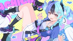  1girl absurdres achichi_mela aqua_hair black_hair black_horns black_socks braid camisole commentary_request eye_mask fangs fire_hair_ornament gamyuu_(gamyu) gradient_horns hair_ornament hairclip highres hololive horns long_hair looking_at_viewer mask multicolored_hair multicolored_horns nail_polish open_mouth pink_eyes purple_hair skirt socks split-color_hair tassel tassel_hair_ornament two_side_up virtual_youtuber white_camisole white_skirt 