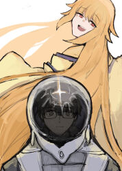  1boy 1girl black_eyes black_hair blonde_hair blush commentary_request girl_of_the_moon_(tsuki_no_sango) hair_between_eyes helmet highres japanese_clothes kimono light_blush long_hair looking_at_another man_of_the_earth_(tsuki_no_sango) messy_hair pale_skin red_eyes reflection sidelocks smile space_helmet spacesuit teeth tsuki_no_sango turning_head upper_teeth_only very_long_hair white_background wide_sleeves yarakasitenaita yellow_kimono 
