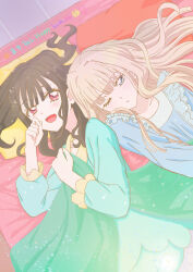 2girls absurdres aqua_cardigan blonde_hair blue_dress blue_eyes cardigan commentary_request dress hair_down hair_spread_out hands_up happy_birthday highres long_hair looking_at_viewer lying multiple_girls nekoyashiki_mayu nekoyashiki_yuki nightgown on_back on_bed on_side one_eye_closed open_cardigan open_clothes open_mouth parted_lips pink_eyes precure riri_(ricorisu-3374) sleeping_together sleepwear smile straight_hair under_covers wonderful_precure! 