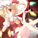  apple apple_core ascot bell_(artist) blonde_hair flandre_scarlet food fruit hat moon navel red_eyes red_moon short_hair side_ponytail skirt solo tongue tongue_out touhou wings wink 