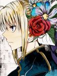  ahoge blonde_hair daisy fate/stay_night fate_(series) flower grey_eyes hair_flower hair_ornament highres onorikachi profile rose saber solo 