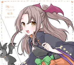  1girl bat_wings black_kimono bow_(weapon) brown_hair character_name commentary_request dated heart heart_in_eye high_ponytail highres japanese_clothes kantai_collection kimono kurohina_(kurohina_66_s) muneate official_alternate_costume one-hour_drawing_challenge open_mouth orange_shorts ponytail shorts smile solo symbol_in_eye teeth upper_body upper_teeth_only weapon white_background wings zuihou_(halloween)_(kancolle) zuihou_(kancolle) 