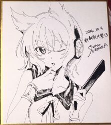  1girl bracelet commentary_request earmuffs highres holding jewelry looking_at_viewer neck_ribbon one_eye_closed open_mouth photo_(medium) pointy_hair ribbon ritual_baton shikishi shirt short_hair signature sleeveless sleeveless_shirt solo touhou toyosatomimi_no_miko traditional_media translation_request uehara_suiyo upper_body 