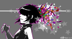 1girl android arm_up artist_name black_hair bullet bullet_hole buttons candy candy_wrapper chocolate cookie cyborg cyborg_noodle_(gorillaz) female_child female_focus female_only frutiger_metro gloves gorillaz grey_background hair_over_eyes headshot heart japanese_text khon-nz monochrome open_mouth outline plug short_hair side_view sleeveless solo solo_focus star_(symbol) turtleneck upper_body wire