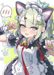  1girl animal_ear_hairband animal_ears asymmetrical_bangs bag bell black_dress blush cat_ear_hairband cat_ears commentary_request dress fake_animal_ears ghost_hair_ornament green_eyes green_hair green_nails hair_ornament hairband hairclip hands_up highres looking_at_viewer maid maid_headdress neck_bell necktie official_alternate_costume open_mouth red_bag red_necktie solo sunna_(afternoon_tea_break)_(zenless_zone_zero) sunna_(zenless_zone_zero) upper_body winged_bag wings yashiro_hachi zenless_zone_zero 