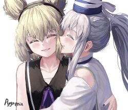  2girls arm_around_another's_back blush brown_hair chest_sarashi closed_eyes commentary facing_viewer grey_hair hat highres kiss kissing_cheek long_hair medium_hair mononobe_no_futo multiple_girls parted_lips pointy_hair ponytail pygrenix robe sarashi shirt simple_background sleeveless sleeveless_shirt smile tate_eboshi touhou toyosatomimi_no_miko upper_body white_background white_robe yuri 