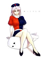  1girl 1other arm_support blue_hat breasts commentary_request cross dress hat highres medium_breasts nurse_cap osatou puffy_short_sleeves puffy_sleeves red_cross red_eyes short_dress short_sleeves sitting sitting_on_person split-color_clothes touhou translation_request two-tone_dress white_hair yagokoro_eirin yukkuri_shiteitte_ne 