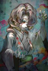  1boy blue_eyes closed_mouth colored_eyelashes colored_sclera colored_skin highres japanese_clothes kimetsu_no_yaiba kimono long_hair matcho one_eye_covered red_sclera rui_(kimetsu_no_yaiba) silk solo spider_web upper_body white_hair white_kimono white_skin 