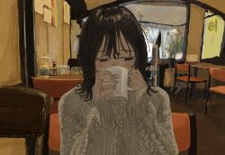  1girl black_eyes black_hair brown_shoes chair coffee_mug cup drinking half-closed_eyes hand_up hanging_light highres holding holding_cup indoors izumi_mizu1001 long_sleeves medium_hair mug original restaurant shoes slice_of_life solo straight-on table upper_body warm_colors 