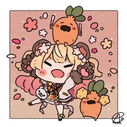  1girl :d ameya_(kappadoll) animal_ears animal_hands arms_up bear_ears blonde_hair blush_stickers border carrot chibi chibi_only closed_eyes commentary_request double-parted_bangs fang full_body gloves hololive long_hair momosuzu_nene open_mouth outside_border paw_gloves pink_background signature simple_background skin_fang smile solo standing standing_on_one_leg two_side_up virtual_youtuber white_border 