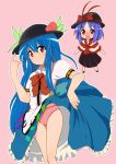  agenasu blue_hair blush chibi food fruit hat hinanawi_tenshi long_hair multiple_girls nagae_iku open_mouth panties peach pink_panties red_eyes simple_background smile touhou underwear very_long_hair 