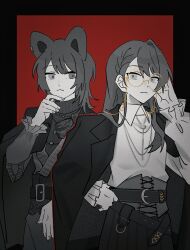  2girls :< ange_katrina ange_katrina_(9th_costume) animal_ear_piercing animal_ears asymmetrical_bangs belt closed_mouth coat coat_on_shoulders collared_shirt commentary corset dog_ears eyewear_strap frilled_sleeves frills frown glasses greyscale_with_colored_background hand_on_own_hip hand_up highres inui_toko jewelry lapels leaning_to_the_side long_hair long_sleeves looking_at_another multiple_belts multiple_girls multiple_necklaces necklace nijisanji notched_lapels official_alternate_costume red_background round_eyewear shirt shirt_tucked_in simple_background single_hair_intake skirt sleeves_past_wrists spine_dl spot_color sweater turtleneck turtleneck_sweater untranslatable_commentary virtual_youtuber yellow-framed_eyewear 