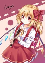  1girl backpack bag blonde_hair bow collared_shirt commentary_request cowboy_shot flandre_scarlet flute frilled_skirt frills hair_bow holding holding_instrument instrument kure~pu long_hair long_sleeves looking_at_viewer neck_ribbon randoseru recorder red_bag red_bow red_eyes red_skirt ribbon shirt signature skirt solo suspender_skirt suspenders touhou white_shirt wings yellow_ribbon 