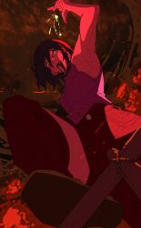  1girl anime_coloring ari_(pixiv_69278895) arm_up armpits bare_shoulders black_choker blood blood_from_mouth chainsaw_man choker clouds commentary_request foreshortening from_below hair_between_eyes neck_ribbon night perspective red_light red_theme reze_(chainsaw_man) ribbon shirt short_hair sidelocks sleeveless sparks standing_on_railing thigh-highs tree 