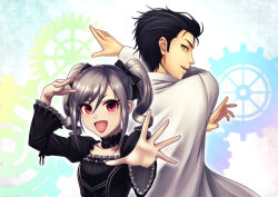  1boy 1girl :d black_dress black_hair choker crossover dress drill_hair frills gothic_lolita grey_hair hair_ribbon idolmaster idolmaster_cinderella_girls kanzaki_ranko lab_coat lolita_fashion long_hair okabe_rintarou open_mouth outstretched_arm outstretched_hand puffy_sleeves red_eyes ribbon science_adventure short_hair smile standing steins;gate taba_neruko twin_drills twintails upper_body wide_sleeves yellow_eyes 