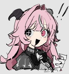  ! !! 1girl black_bow black_eyes black_horns black_shirt blunt_bangs bow commentary cross-shaped_pupils drooling femme_soule goat_horns hair_flaps hair_intakes hand_up heterochromia highres horns long_hair n40a1 open_mouth pink_eyes pukey_goddess_shot_trick purple_hair shirt simple_background smile solo symbol-shaped_pupils white_background 