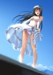  black_eyes black_hair from_below katahira_masashi long_hair navel original sarong swimsuit wind_lift 