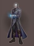  blue_eyes boots devil_may_cry glowing glowing_hand highres male san_moto short_hair solo trench_coat vergil white_hair 