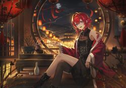  1girl absurdres ange_katrina ange_katrina_(qipao) architecture arm_tattoo belt black_belt black_boots black_dress blurry blurry_foreground boots bottle breasts chain chinese_clothes clouds commentary crossed_bangs crossed_legs cup double_bun dress east_asian_architecture eyelashes feet_out_of_frame fingernails floral_print_jacket full_moon grey_thighhighs hair_between_eyes hair_bun hair_intakes hair_ornament hand_up highres holding holding_smoking_pipe indoors jacket kettle kiseru lantern long_fingernails long_sleeves looking_at_viewer moon multiple_belts nail_polish night nijisanji open_clothes open_jacket open_mouth pankou paper_lantern plant potted_plant qipao red_hair red_jacket red_nails round_window shiny_skin short_dress sidelocks single_bare_shoulder single_off_shoulder single_thighhigh sitting sleeveless sleeveless_dress small_breasts smile smoke smoking_pipe solo tassel tassel_hair_ornament tattoo teeth thigh-highs untranslatable_commentary upper_teeth_only violet_eyes virtual_youtuber warm_colors wide_sleeves window x_hair_ornament yone_ok 