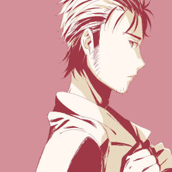  1boy beard_stubble black_hair expressionless facial_hair from_side goatee_stubble huwahuwa_youmou jacket lab_coat long_hair long_sleeves messy_hair monochrome okabe_rintarou red_background science_adventure short_hair solo square steins;gate stubble upper_body yellow_eyes 