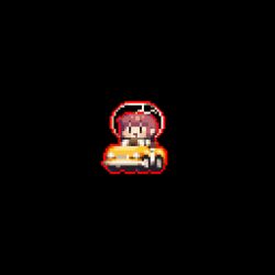  1girl animated animated_gif blunt_bangs brown_hair car chibi chibi_only commentary_request convertible full_body kyuri_(trickcal) motor_vehicle open_mouth rainbow_order short_hair simple_background solo spinning tonchamon_san trickcal |_| 