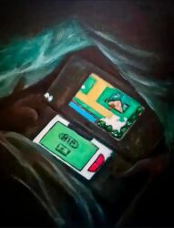  acrylic_paint_(medium) commentary english_commentary handheld_game_console highres jonosartworks nintendo_ds nintendo_dsi painting_(medium) playing_games playing_video_games pokemon pokemon_diamond/pearl/platinum solo traditional_media under_covers 