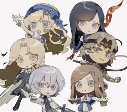  3boys 3girls :d :o alucard_(castlevania) bat_(animal) bird black_jacket black_pants blonde_hair blue_bow blue_capelet blue_eyes blue_flower blue_hairband blue_rose book bow braid brown_eyes brown_hair capelet castlevania:_aria_of_sorrow castlevania:_grimoire_of_souls castlevania:_order_of_ecclesia castlevania:_portrait_of_ruin castlevania:_rondo_of_blood castlevania:_symphony_of_the_night castlevania_(series) charlotte_aulin closed_mouth commentary_request dress flower grey_eyes grey_hair hair_between_eyes hair_bow hair_flower hair_ornament hairband highres holding holding_book holding_sword holding_weapon holding_whip jacket jewelry long_hair long_sleeves looking_at_viewer ma_chako014 maria_renard multiple_boys multiple_girls necklace open_book open_mouth pants pink_dress puffy_short_sleeves puffy_sleeves rose shanoa_(castlevania) short_hair short_sleeves simon_belmont smile soma_cruz sword weapon whip white_background 